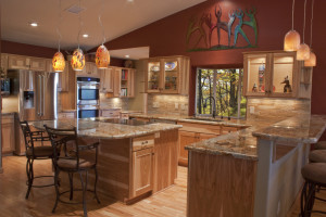 Kitchen remodel with warm cabinets and lights